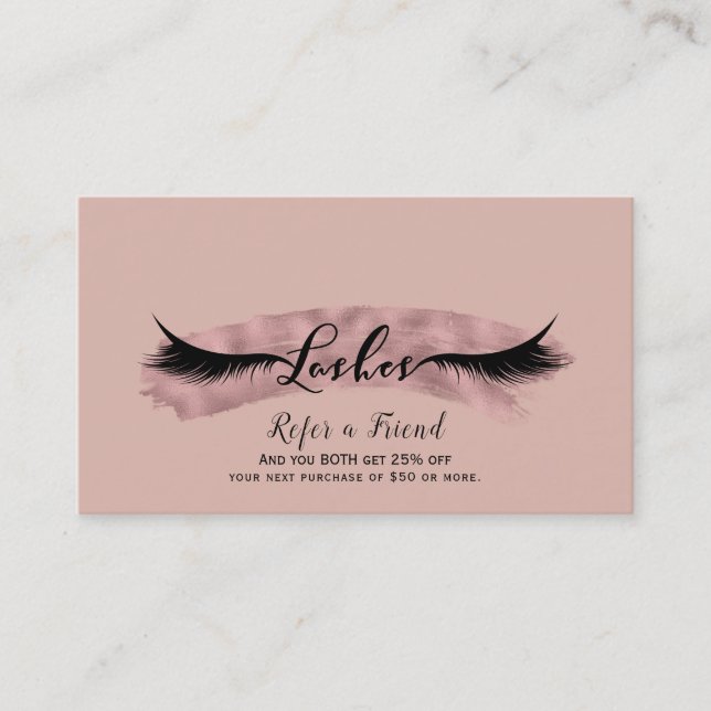 Pink Blush & Rose Gold Eyelashes Refer a Friend Referral Card (Front)