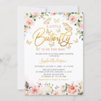 Pink Blush Rose Gold Floral Butterfly Baby Shower Invitation