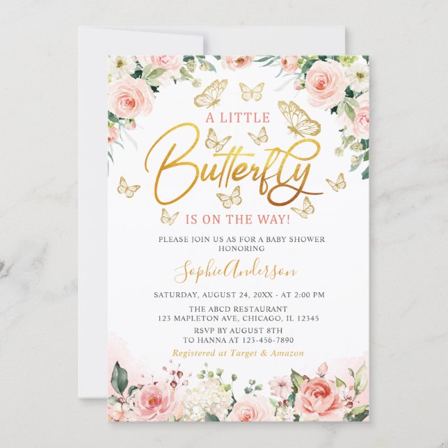 Pink Blush Rose Gold Floral Butterfly Baby Shower Invitation (Front)