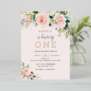 Pink Blush Rose Gold Floral Girl 1st Birthday Foil Invitation
