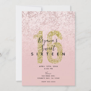 Pink Blush Rose Gold Glitter Marble Glam Sweet 16 Invitation