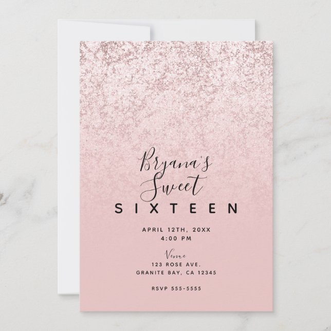 Pink Blush Rose Gold Glitter Marble Glam Sweet 16  Invitation (Front)
