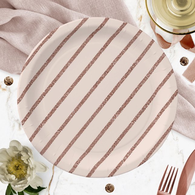 Pink Blush Rose Gold Glitter Stripe Pattern Paper Plates (Creator Uploaded)