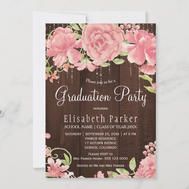 Pink blush rose peonies rustic graduation party invitation (Front)