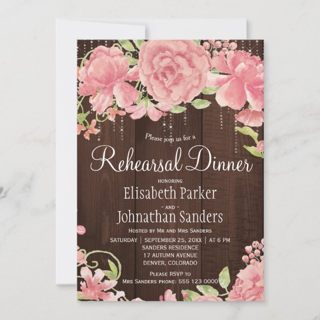 Pink blush rose peonies rustic rehearsal dinner invitation (Front)