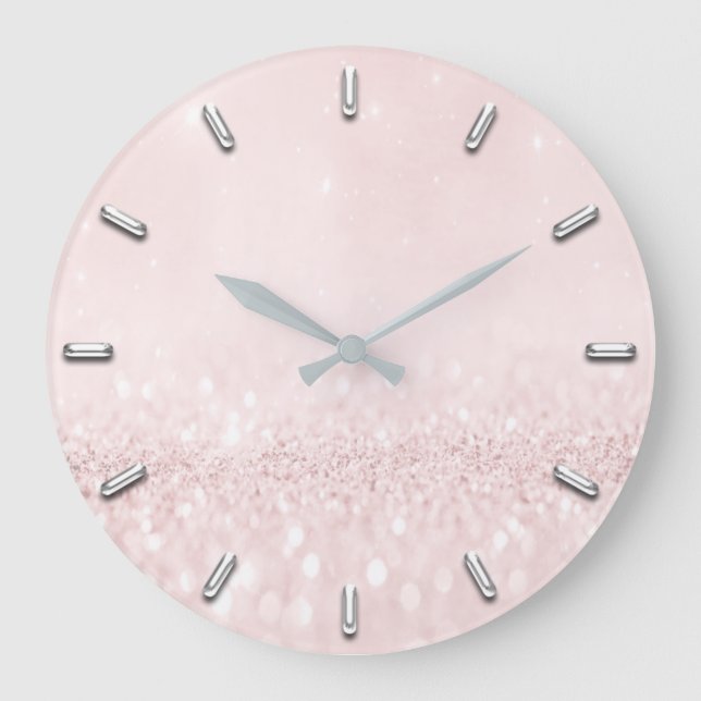Pink Blush Rose Powder Glitter Gray Silver Gray Large Clock (Front)
