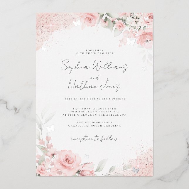 Pink Blush Rose Silver Butterfly Wedding  Foil Invitation (Front)