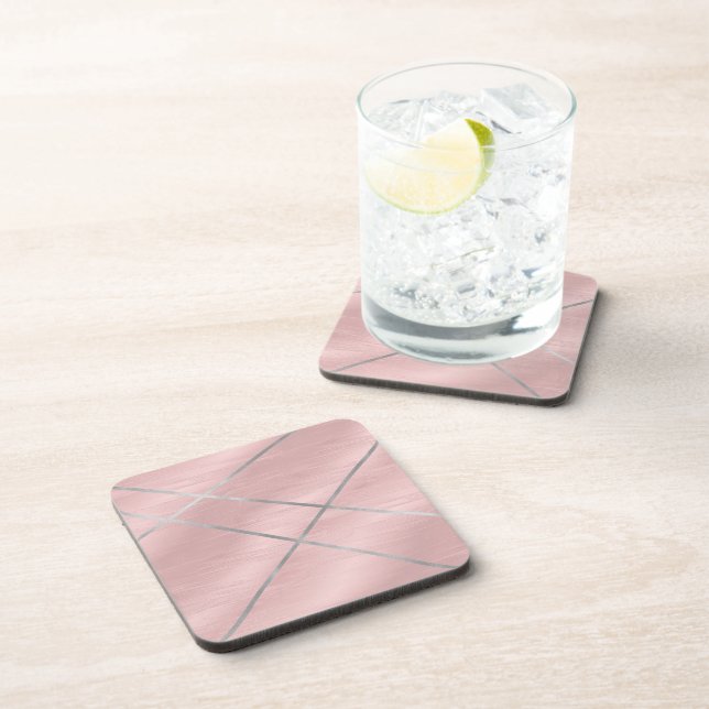 Pink Blush Rose & Silver Modern Glam Beverage Coaster (Right Side)