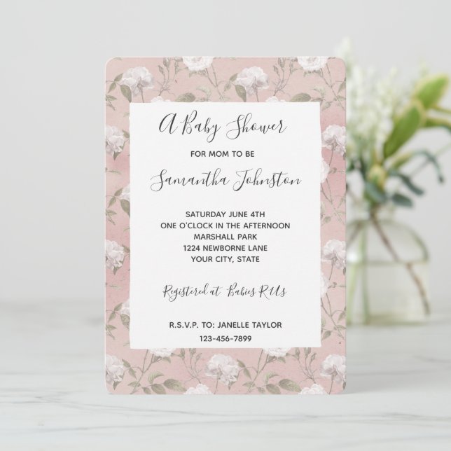 Pink Blush Rose White Floral Baby Shower Invitation (Standing Front)
