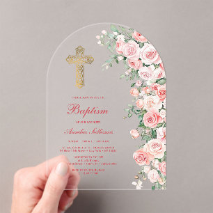 Pink Blush Roses Arch Baptism Acrylic Invitations