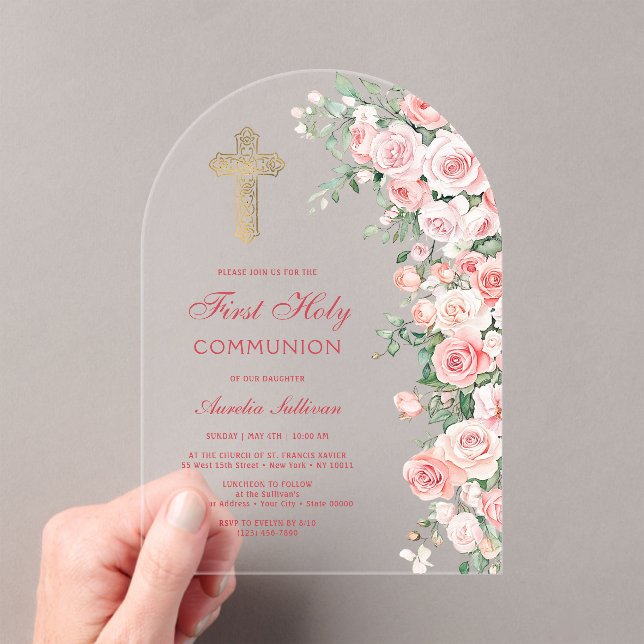 Pink Blush Roses Arch First Communion Acrylic Invitations (Insitu (Handheld))