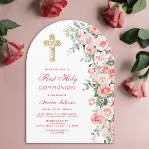 Pink Blush Roses Arch First Communion Invitation