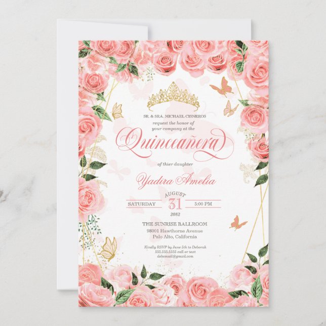 Pink Blush Roses Elegant Butterfly Quinceanera Inv Invitation (Front)