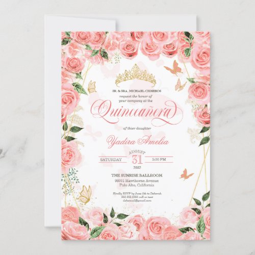 Pink Blush Roses Elegant Butterfly Quinceanera Inv Invitation