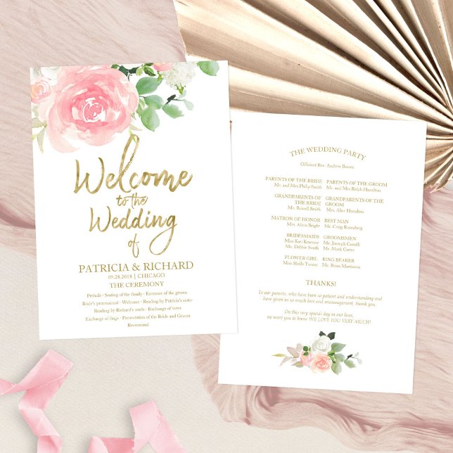 Pink Blush Roses Floral Gold Wedding Program (Creator Uploaded)