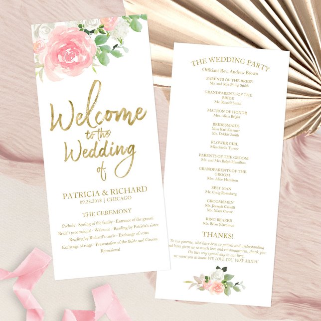 Pink Blush Roses Floral Gold Wedding Program (Creator Uploaded)
