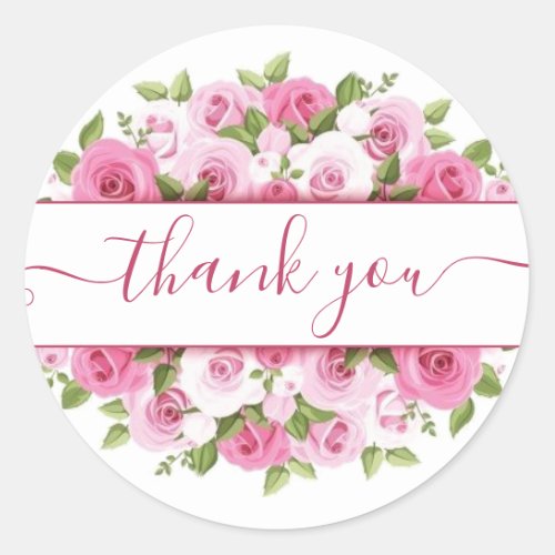 Pink blush roses thank you classic round sticker
