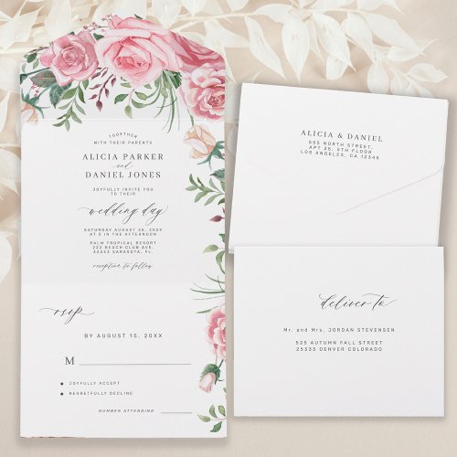 Pink blush roses watercolor floral elegant wedding all in one invitation