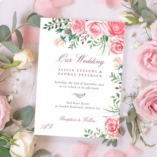 Pink blush roses watercolor floral elegant wedding invitation