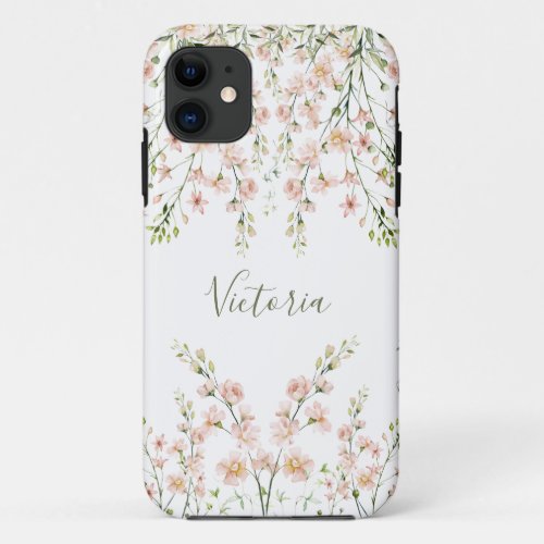 Pink Blush Sage Floral Name Script Wildflowers iPhone 11 Case