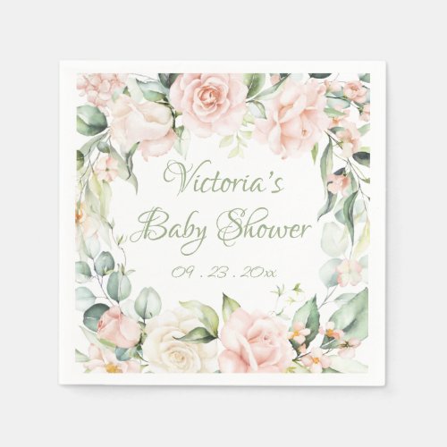 Pink Blush Sage Floral Personalized Baby Shower  Napkins