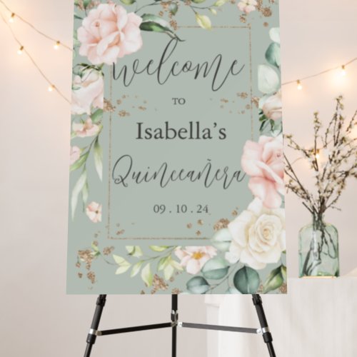 Pink Blush Sage Green Floral Glitter Quinceaera Foam Board