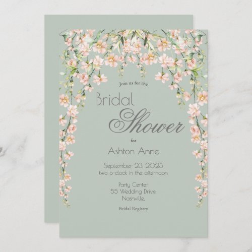 Pink Blush Sage Green Floral Wildflowers Bridal Invitation