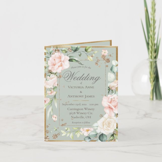 Pink Blush Sage Watercolor Romantic Floral Wedding Invitation (Front)