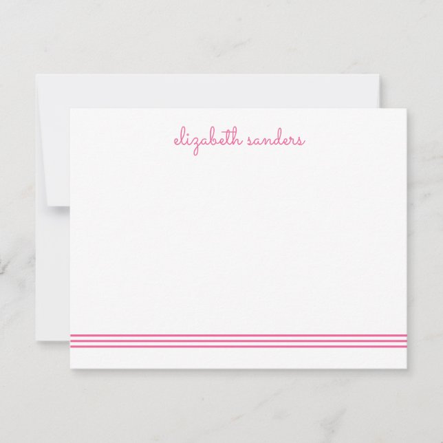 Pink Blush Script Triple Stripe Modern Trendy Note Card (Front)