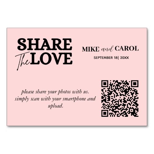 Pink Blush Share The Love Photo Qr Code Wedding Table Number