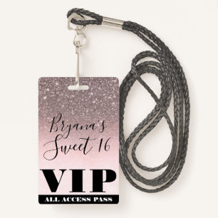 Pink Blush Silver Glitter Glam Sweet 16 VIP Pass Badge