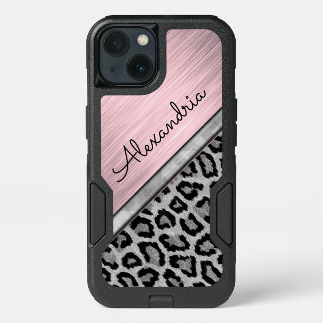 Pink Blush Silver Leopard Print Personalized Otterbox iPhone Case (Back)