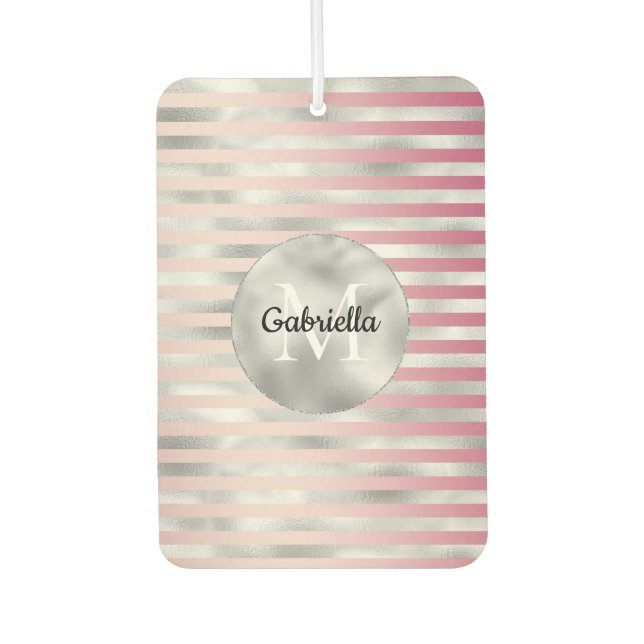 Pink Blush Silver Stripes Monogram Air Freshener (Front)