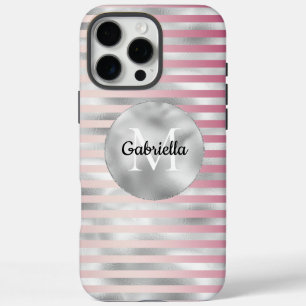 Pink Blush Silver Stripes Monogram iPhone 16 Pro Max Case
