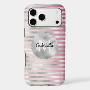 Pink Blush Silver Stripes Monogram iPhone 17 Pro Max Case