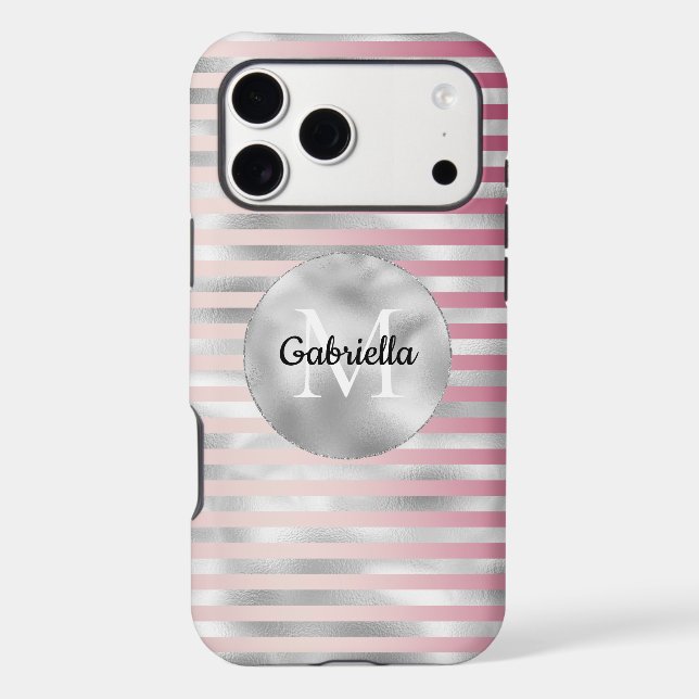 Pink Blush Silver Stripes Monogram Case-Mate iPhone Case (Back)