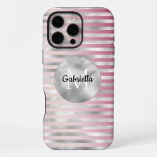 Pink Blush Silver Stripes Monogram iPhone 16 Pro Max Case