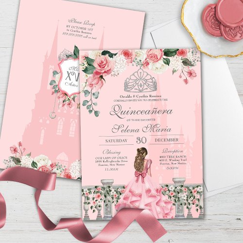 Pink Blush Silver Tiara Royal Princess Quinceaera Invitation