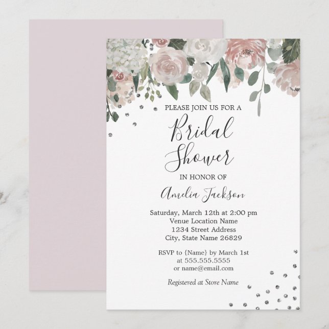 Pink Blush Silver Watercolor Floral Bridal Shower Invitation (Front/Back)