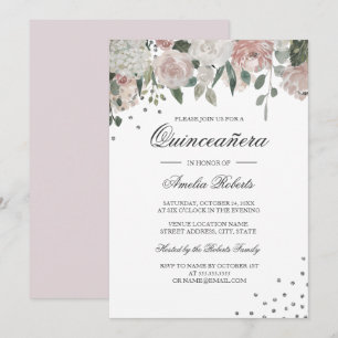Pink Blush Silver Watercolor Floral Quinceanera Invitation