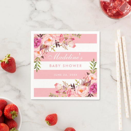 Pink Blush Striped Floral Baby Shower Napkins Zazzle