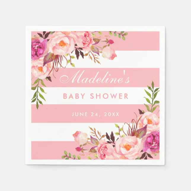 Pink Blush Striped Floral Baby Shower Napkins Zazzle