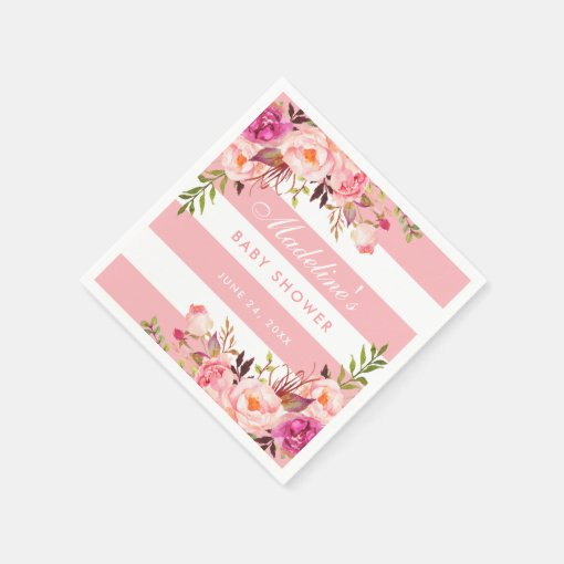 Pink Blush Striped Floral Baby Shower Napkins Zazzle