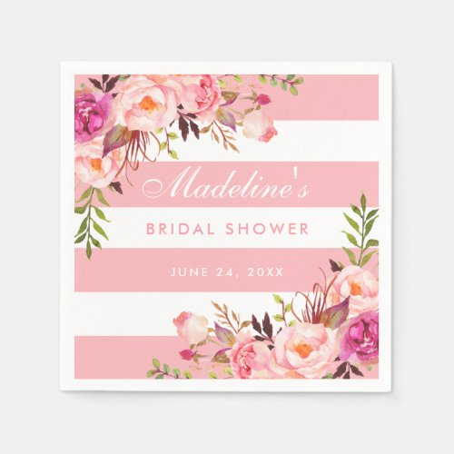 Pink Blush Striped Floral Bridal Shower Napkins