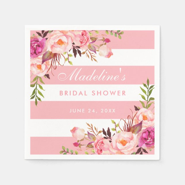 Pink Blush Striped Floral Bridal Shower Napkins (Front)