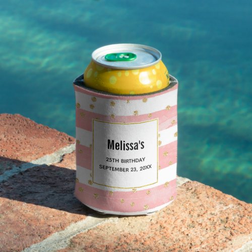 Pink Blush Stripes  Faux Gold Confetti Birthday Can Cooler