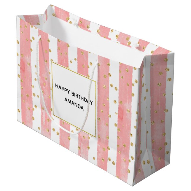 Pink Blush Stripes | Faux Gold Confetti Birthday Large Gift Bag (Front Angled)