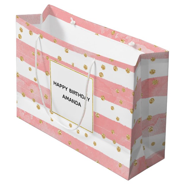 Pink Blush Stripes | Faux Gold Confetti Birthday Large Gift Bag (Front Angled)