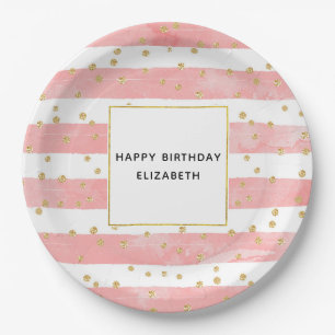 Pink Blush Stripes & Faux Gold Confetti Birthday Paper Plates