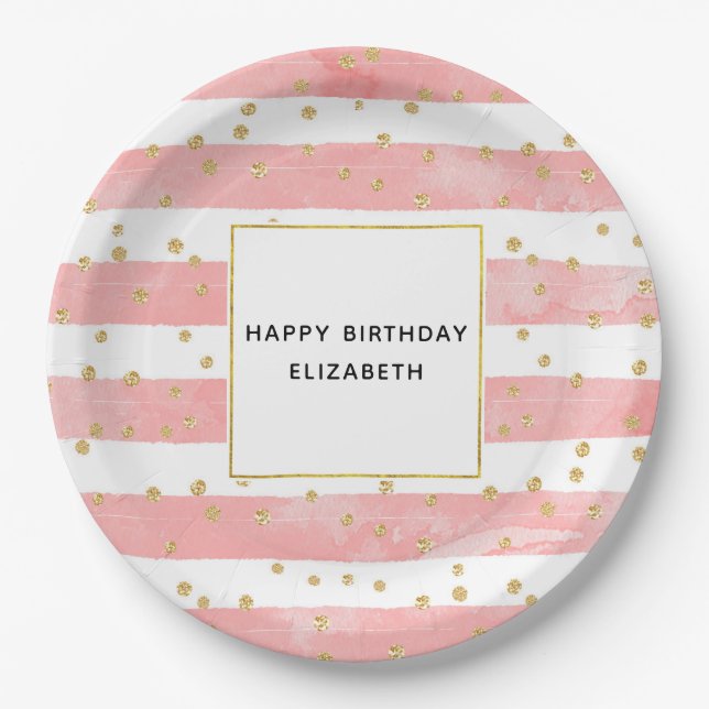 Pink Blush Stripes & Faux Gold Confetti Birthday Paper Plates (Front)